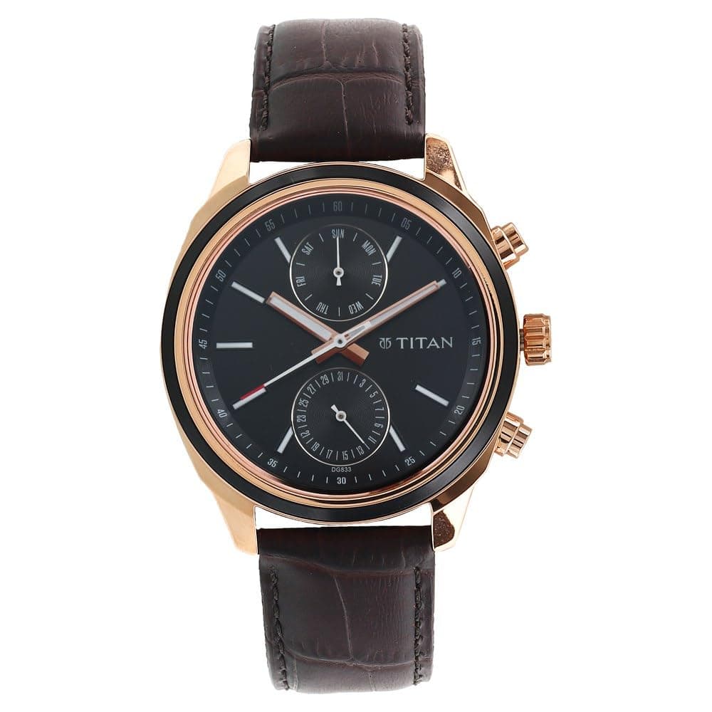 Titan Workwear Quartz Multifunction Black Dial Brown Leather Strap Watch for Men - NT1733KL03