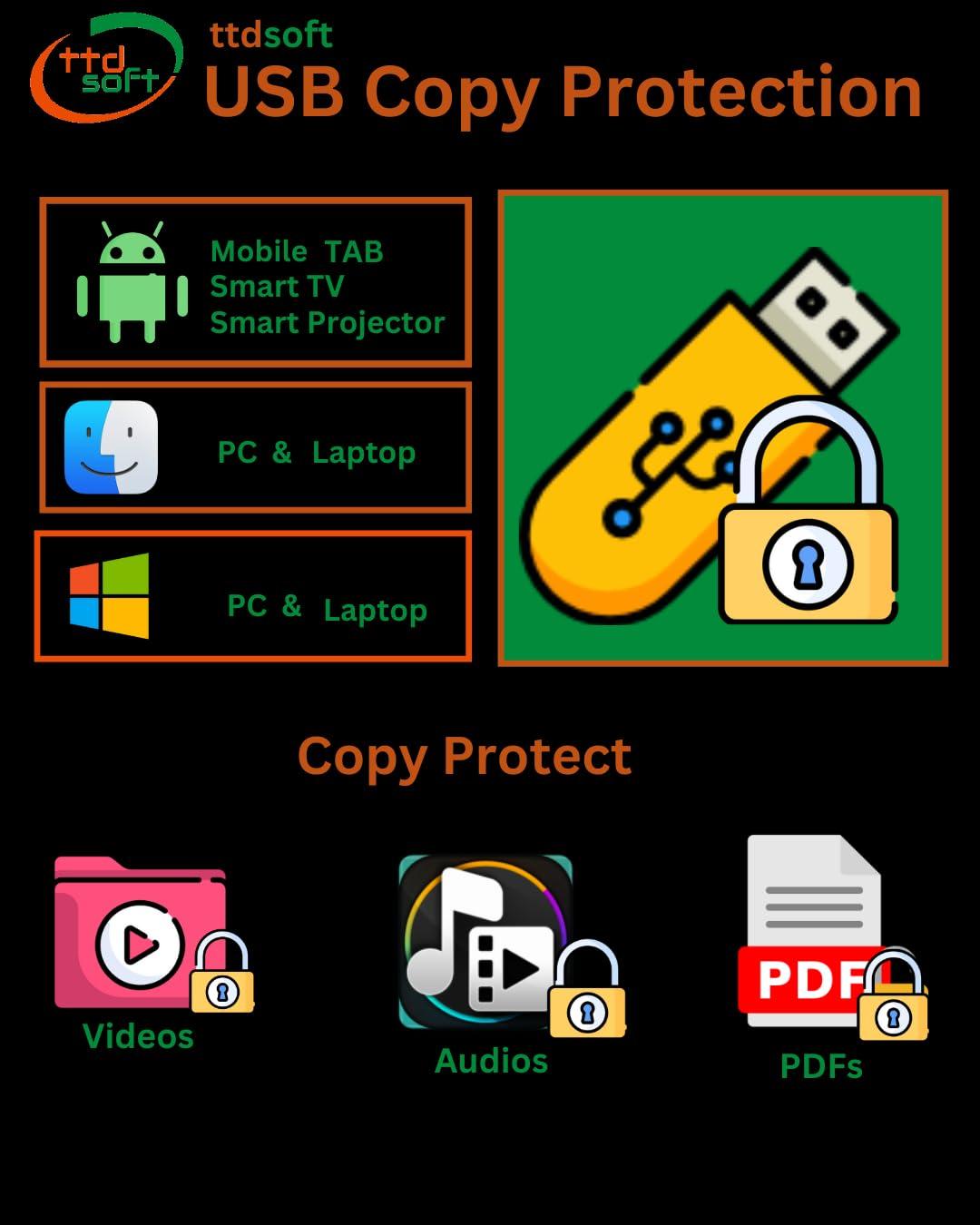 USB Copy Protection Android TV, Mobile, Tab, Mac -ttdsoft | for Video & pdf License for 10 [ Ten ] nos usb drives (Via Email Delivery Only - in 7 working hours, No- CD)
