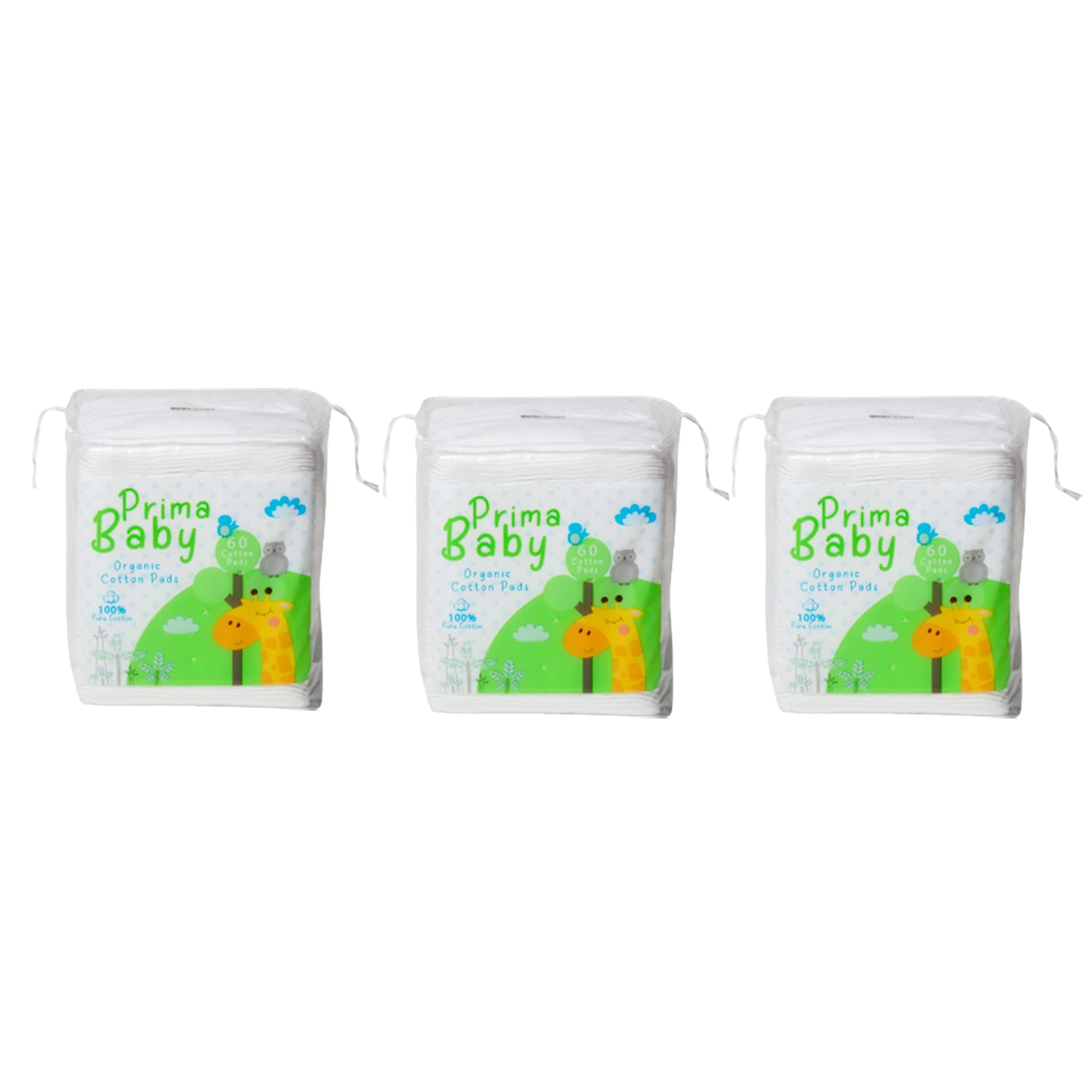 PrimaBaby Cotton Squares, Soft & Gentle, Chemical Free, 60 Pieces Pack of 3