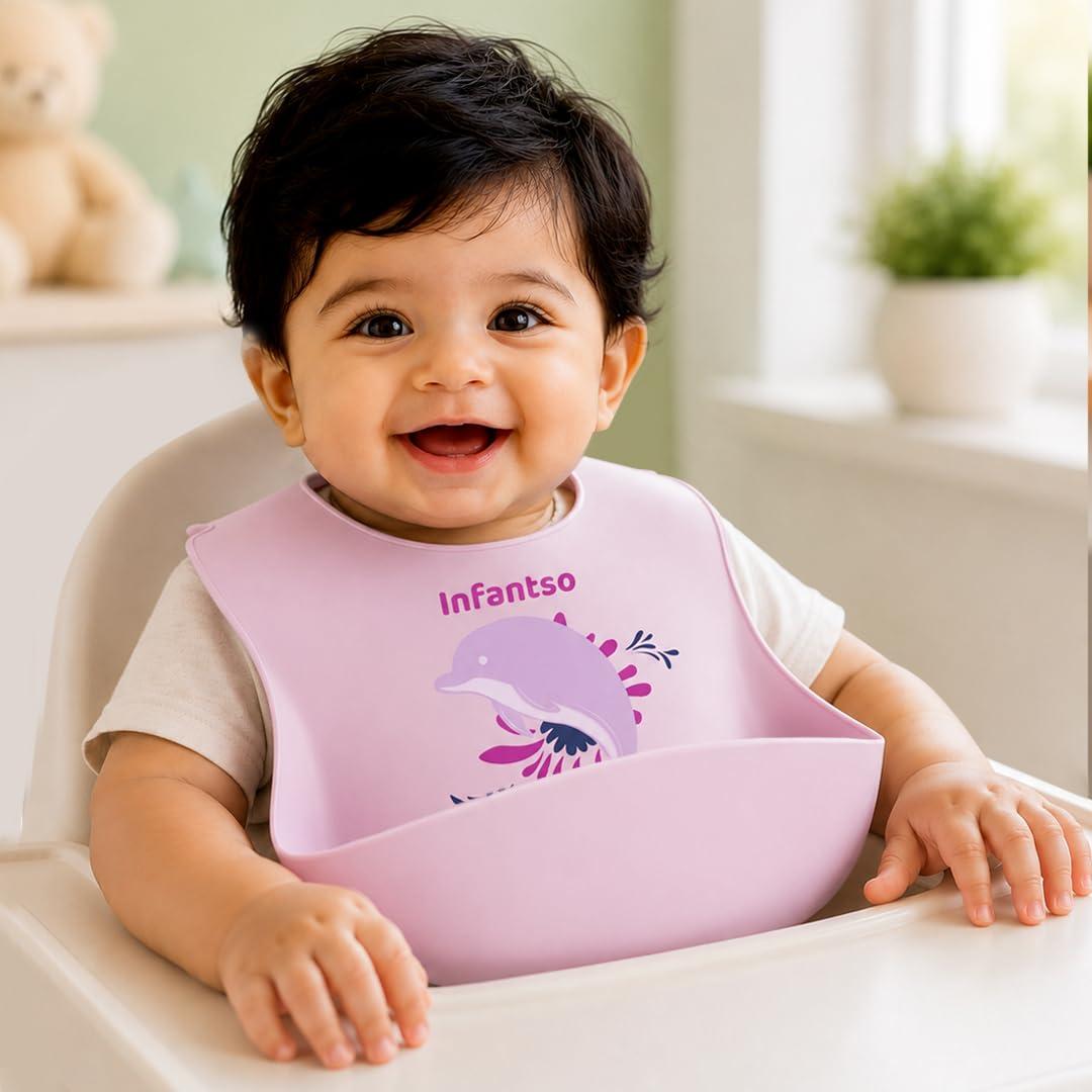 Infantso Silicone Ultra Light Waterproof Baby Bib for Feeding & Weaning Babies & Toddlers with Food Cather Pocket, Washable, Reusable, Non Messy Easy Cleaning, No Odour, Adjustable Button Neckline