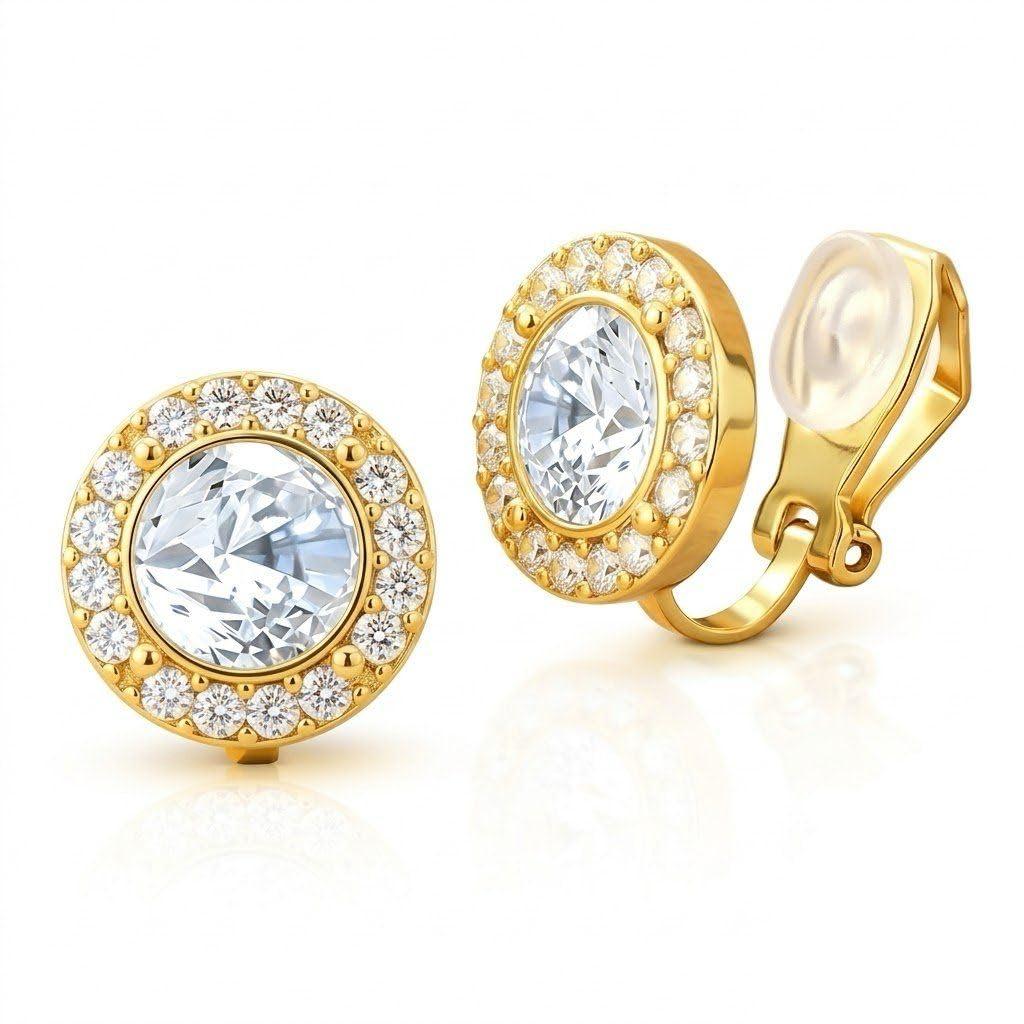 Via Mazzini Gold Plated Stellar Radiance Round Crystal Clip-On No-Piercing Required Stud Earrings for Women And Girls (ER2668)