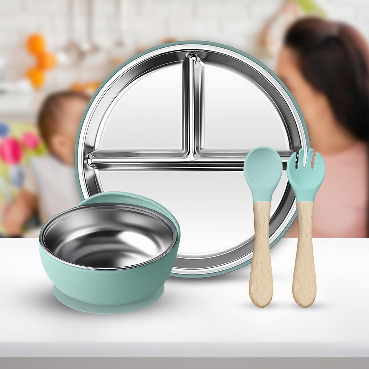 Inferno Stainless Steel Toddler Feeding Combo Set – Pista Green | Baby Bowl, Plate, Fork & Spoon | Non-Slip, Unbreakable, BPA-Free Kids Dinner Set