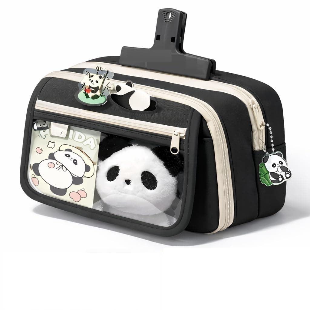 AKVANAR Panda Pencil Case,Cute Design Large Capacity with Transparent Window, Includes Panda Doll and Stickers (Black)