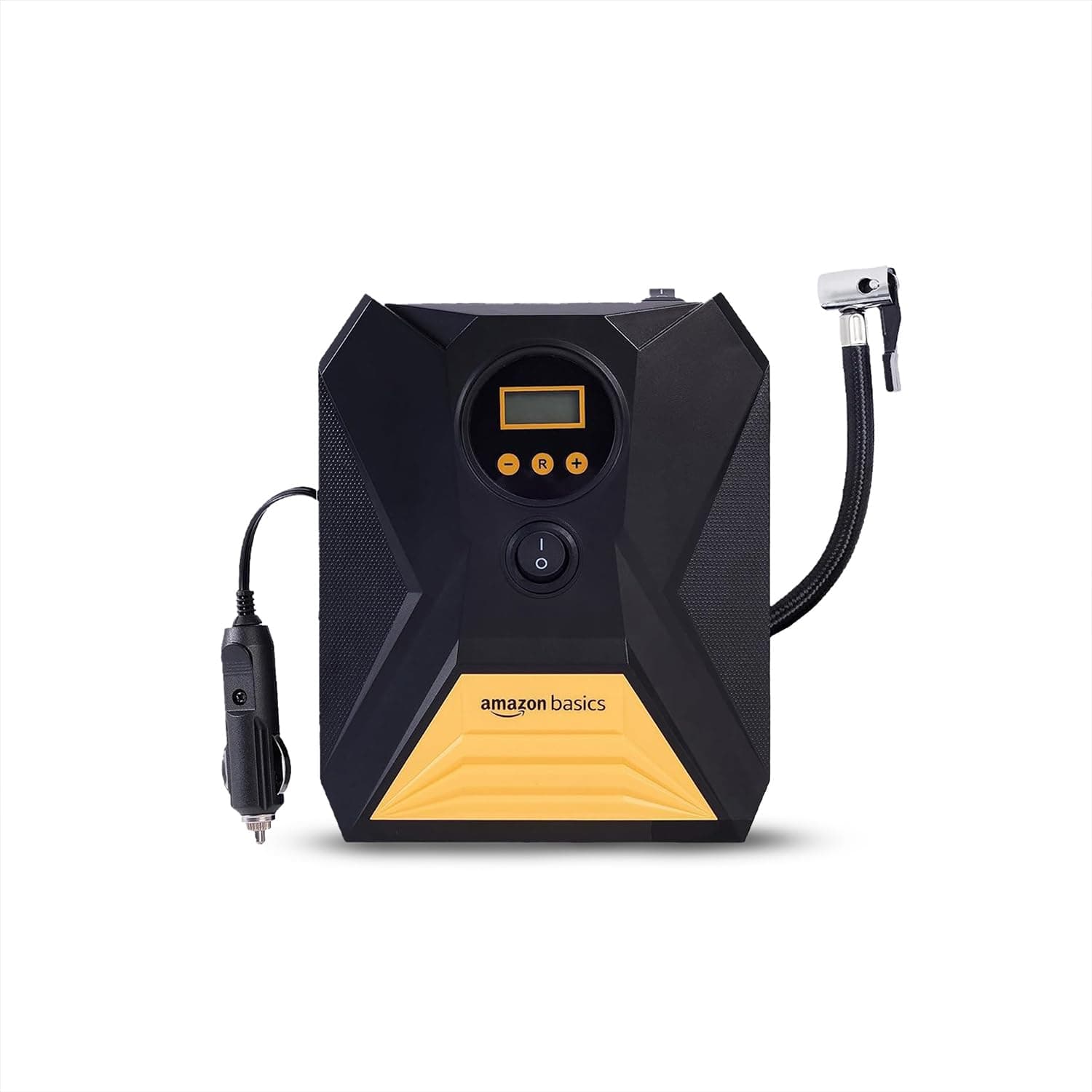 Amazon Basics Portable DC Digital Tyre Inflator for Cars & Bikes| 12V DC | 150 PSI Air Pump with Digital Pressure Gauge, Auto Shut Off and Emergency LED Light | 3M Cable Length, 3 Nozzles, Extra Fuse