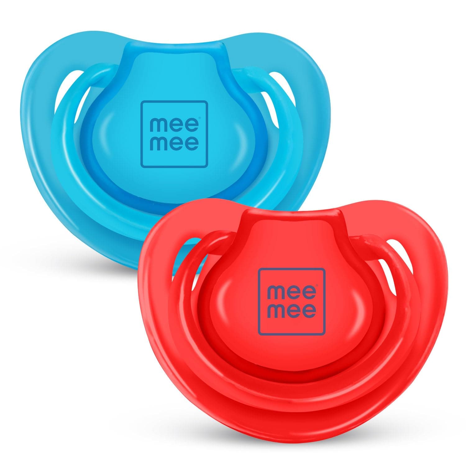 Mee Mee Ultra Light Silicone Baby Pacifier & Teether, BPA-Free, Soft Nipple Design, Oral Soothing, Pack of 2, 0–6 Months, Blue/Red