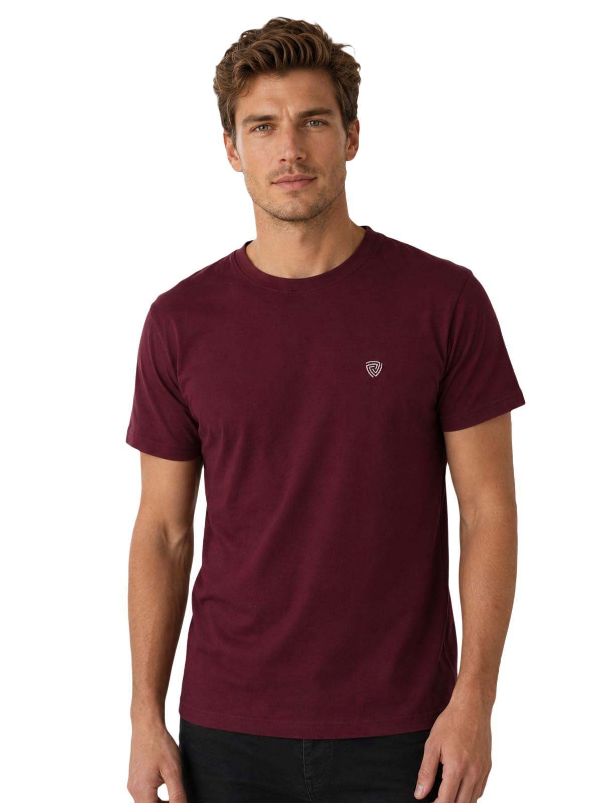 Lux Cozi Maroon Solid Cotton Round Neck Tshirt for Men (Size: Large)
