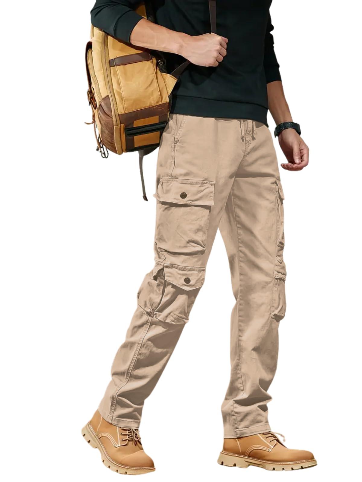 LERIYA Fashion Men's Cargo Pants with Pockets | Cotton Joggers for Men | 6 Pocket Jeans Pant | Casual Trousers for Men (LF-TP-1173-XL-CREAM)