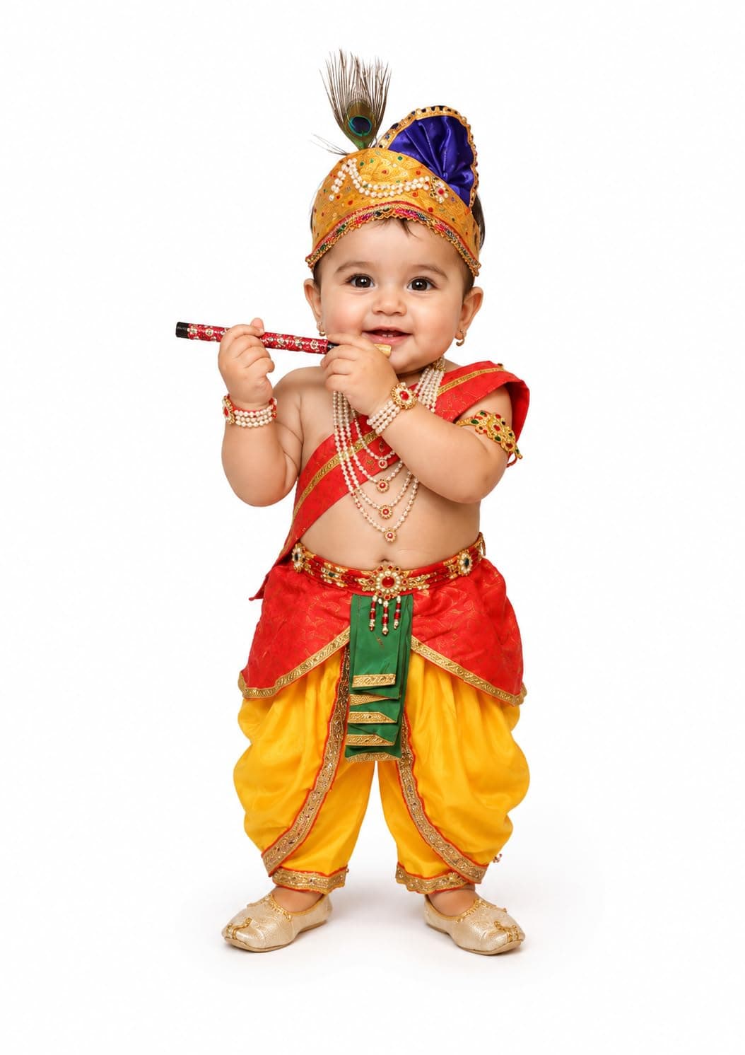 Kaku Fancy Dresses Krishna Costume for Kids Infant Baby Krishna Dress for Boys (Set of 11 - Red Dhoti, Patka(Stole), Belt, Fabric Mukut, Layer Pearl Mala, Moti Bajuband, Earrings, Bansuri & Morpankh)