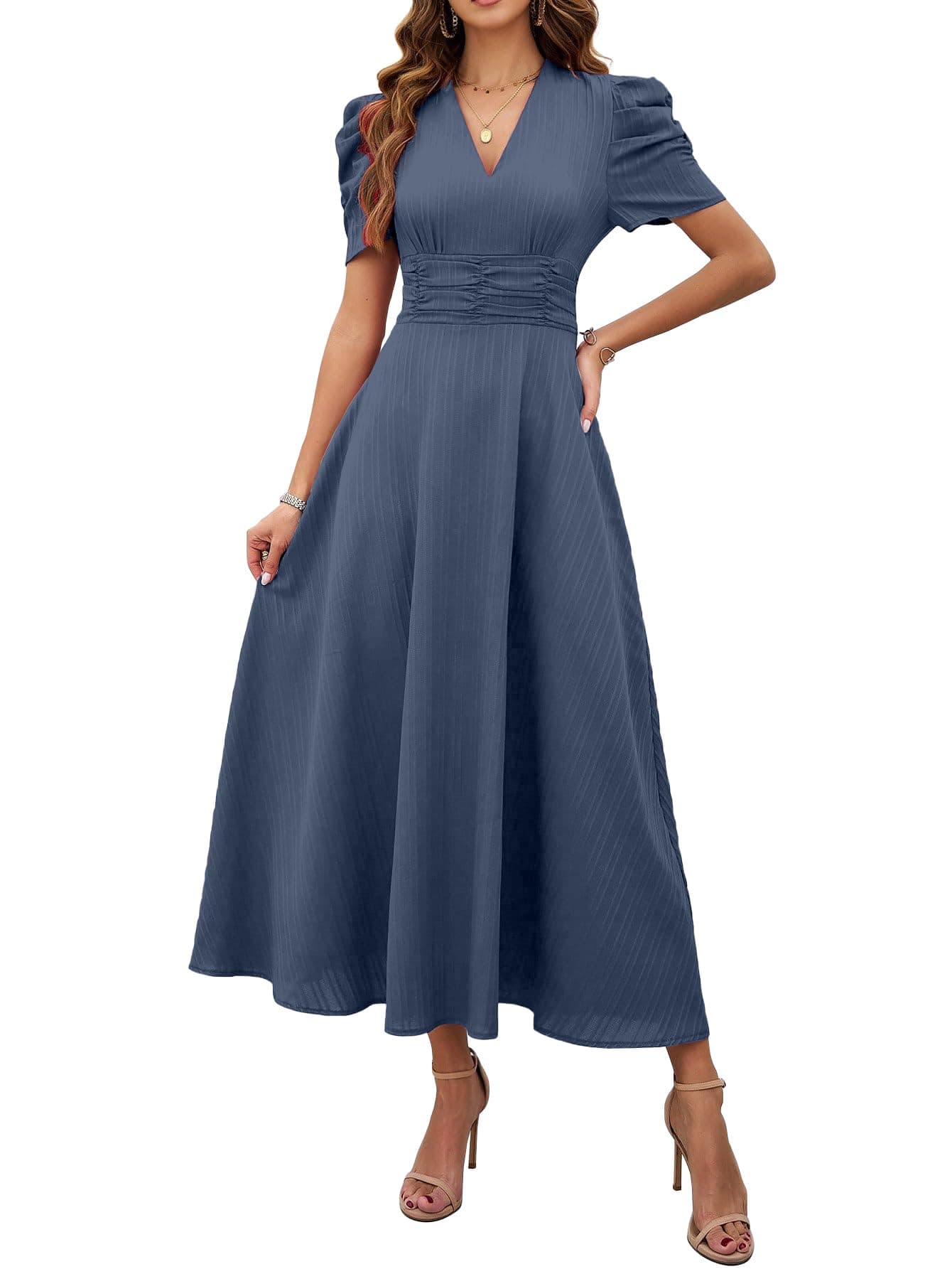 Shasmi Girl's & Women's Indigo Blue Solid Color V-Neck A-Line Maxi Dress for Women | New Year Party Outfit | Waist Cinched Puff Sleeve Western Dress | Elegant Casual Wear (Dress 246 Indigo Blue-2XL)
