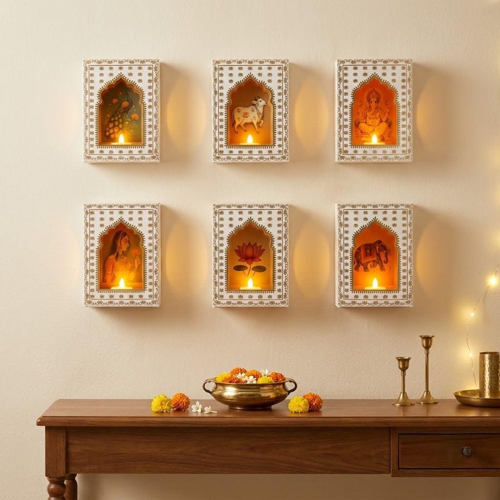 JH Gallery Paper Jharokha Diya Set with LED Candles, DIY Wall Decor, Home Decoration Items for Diwali, Ganesh Chaturthi, Varalakshmi Pooja Decor, Mandir, Stairs & Festival Decoration (Pack of 6)
