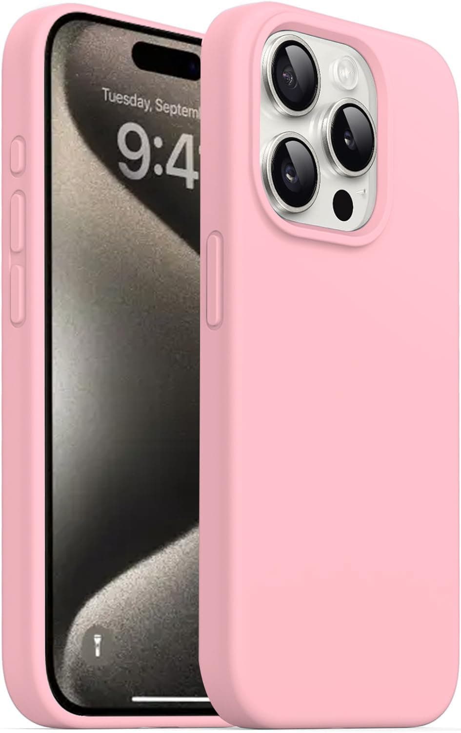 DIZORO Compatible for iPhone 15 Pro Case 6.1, Slim Liquid Silicone 3 Layers Full Covered Soft Gel Rubber Phone Case Protective Cover 6.1 Inch - Pink