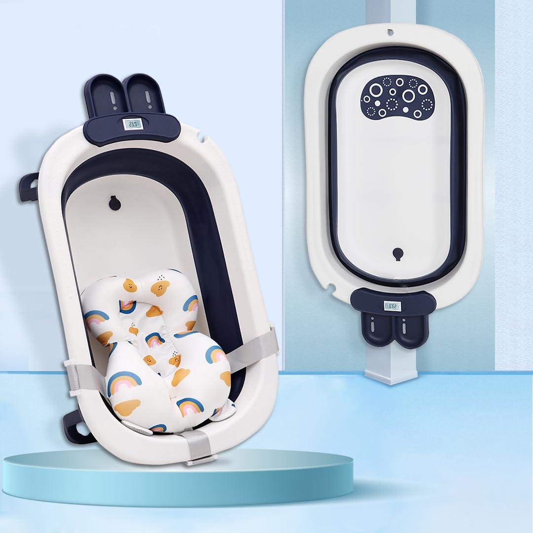Infantso Premium Bath Tub Foldable for Baby 0-5 Years with Smart Temperature Meter Bath tub with Cushion, Space Saving Design, Newborn Baby Folding Bathing Tub for Girls&Boys with Soap Tray, Easy to Store