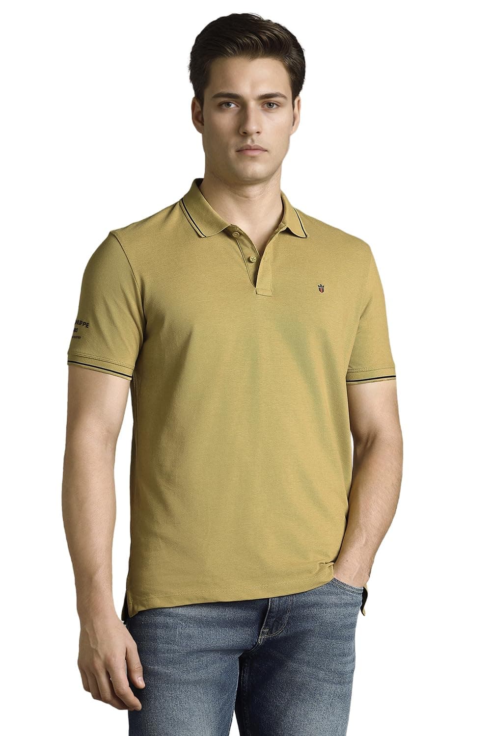 Louis Philippe Men Olive Solid Polo Neck T-Shirt