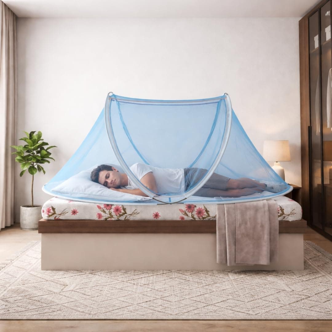 Divayanshi Foldable Mosquito Net for Single Bed (3 * 6.5 ft) | Pop-Up Bed Tent with Zipper | Lightweight Polyester Mesh | Easy Folding & Washable | Insect & Mosquito Protection for Bedroom-Blue