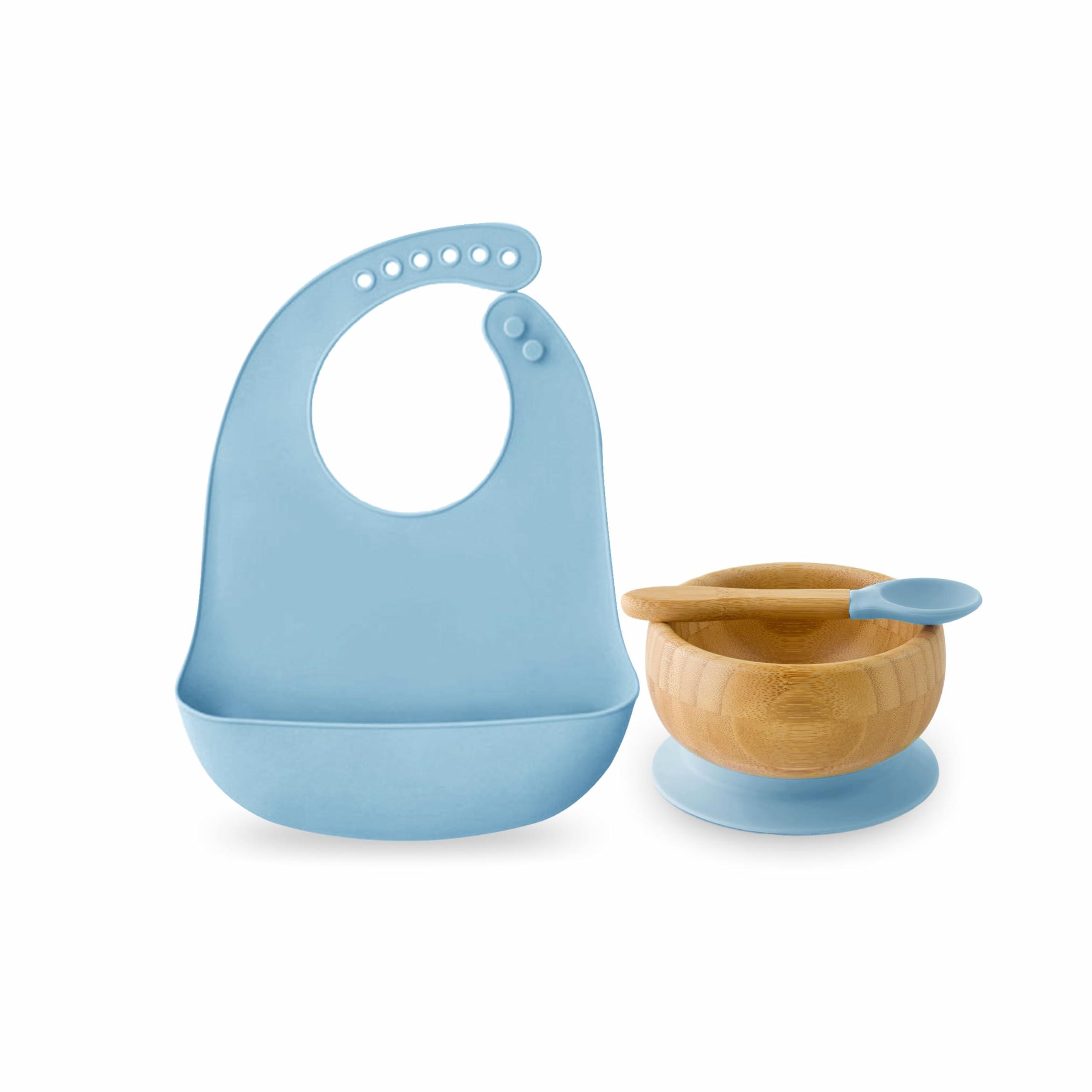 Kids Station Wooden Baby Feeding Set – Bowl, Spoon & Bib – Blue | Eco-Friendly Self-Feeding Baby Tableware Set (3 pcs, Blue)