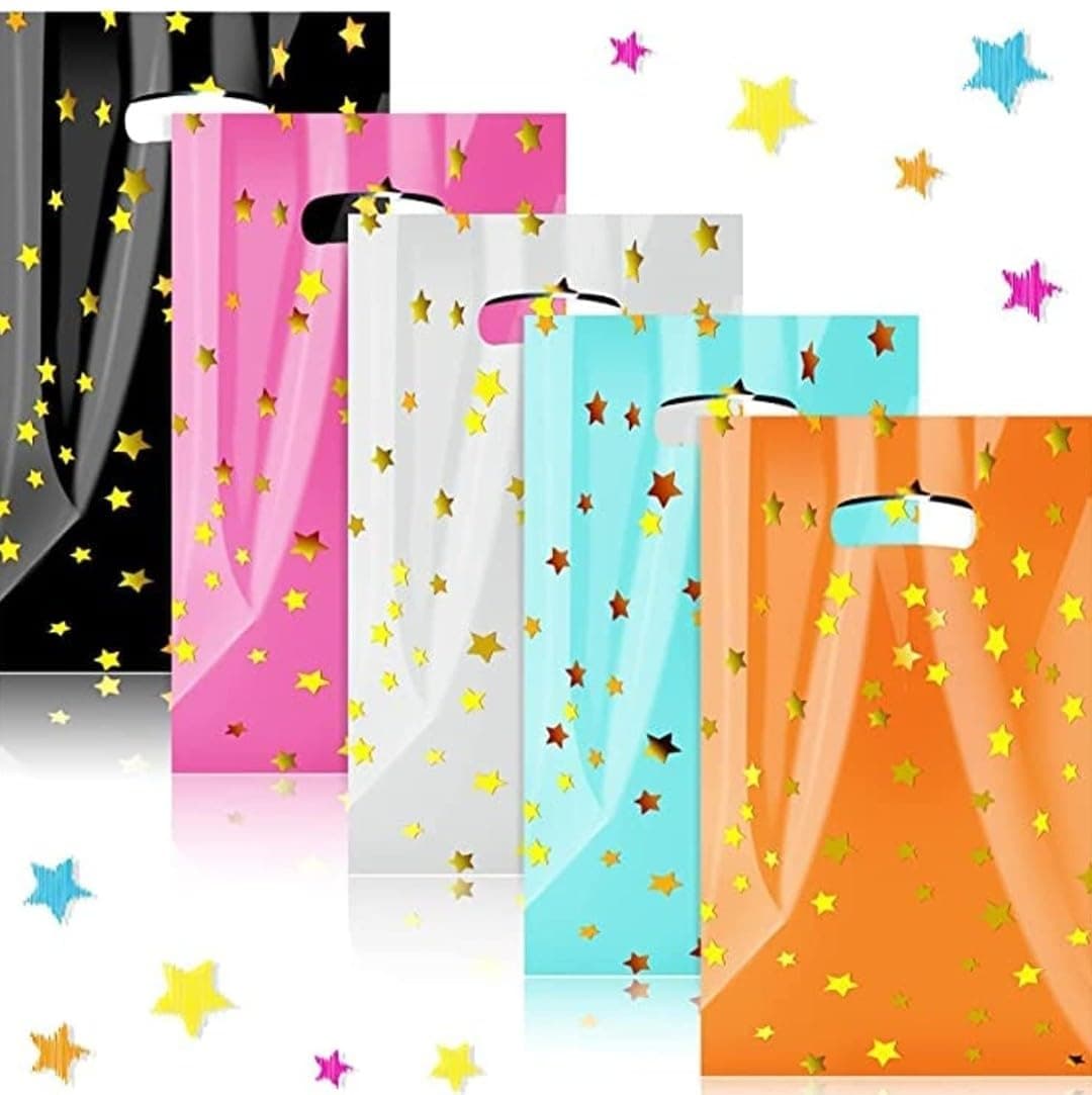 VRB Dec 24pcs Foil Guddy bags, return gift bags for kids birthday, Happy Birthday Party Return Gift Bags For Boys and Girls, Colorful Gift Bags (24pcs Mini Star Design)