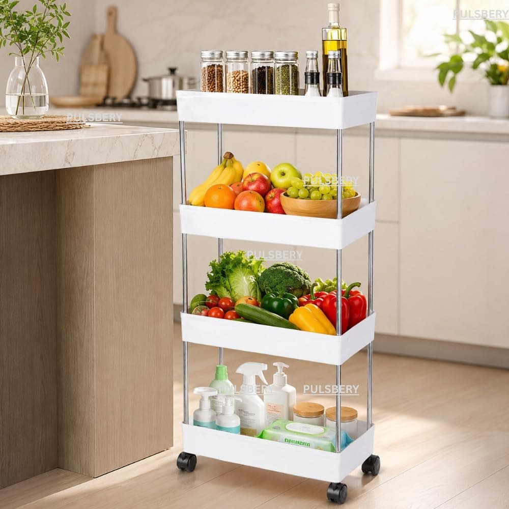 PULSBERY Multipurpose Storage Organizer Slim Rack Shelf with Wheels for Living Room, Office, Bedroom, Bathroom, Kids Room, Kitchen Trolley (White, 4 Layer) Plastic