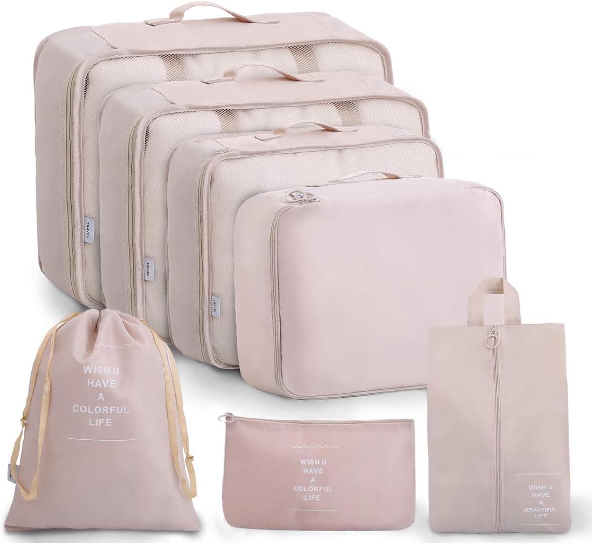 Lyrovo Nylon 7Pcs Travel Packing Cubes For Clothes Laundry Toiletry Cosmetics Luggage Makeup Pouch Accessories Organizer Bag (Beige)