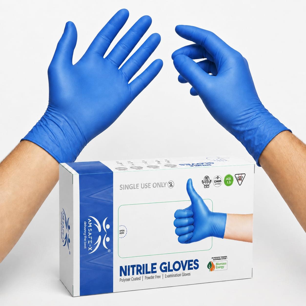 AM Safe X Powder Free Blue Nitrile Gloves for Hands 50pcs | Food Grade Heavy Duty Disposable Multipurpose Gloves | Single Use | Cleaning, Kitchen, Tattoo, Salon, Automotive & Examination Gloves Large