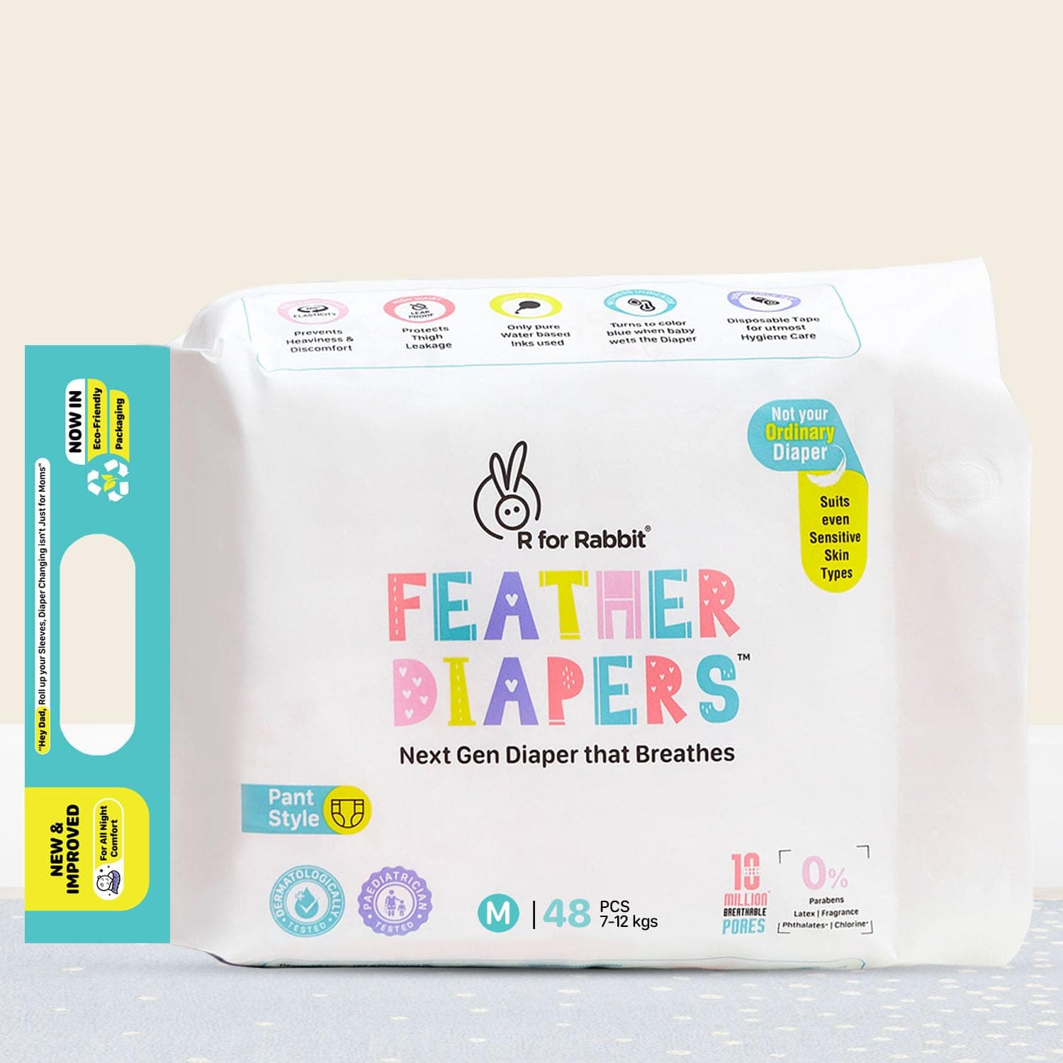 R for Rabbit Pant Style Feather Diaper Medium (M) Size for Baby 7 to 12 kgs 48 Units (48 Count, Pack Of 1)