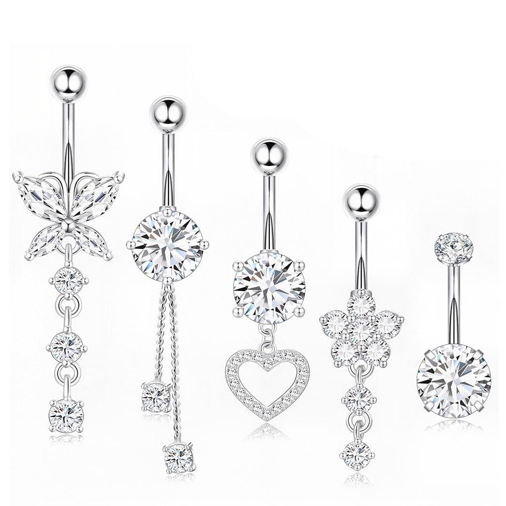 SANNIDHI Belly Button Rings Stainless Steel Dangle Heart Flower Butterfly