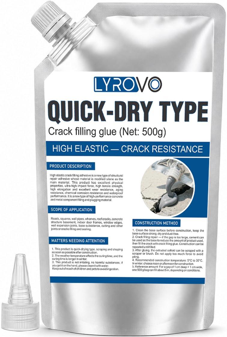LYROVO Quick-Dry Crack Filling Sealant 500g, Modified Silane Waterproof Concrete Crack Repair Glue for Walls, Roofs, Driveways, Tile & Expansion Joints (1, Grey, 500g)