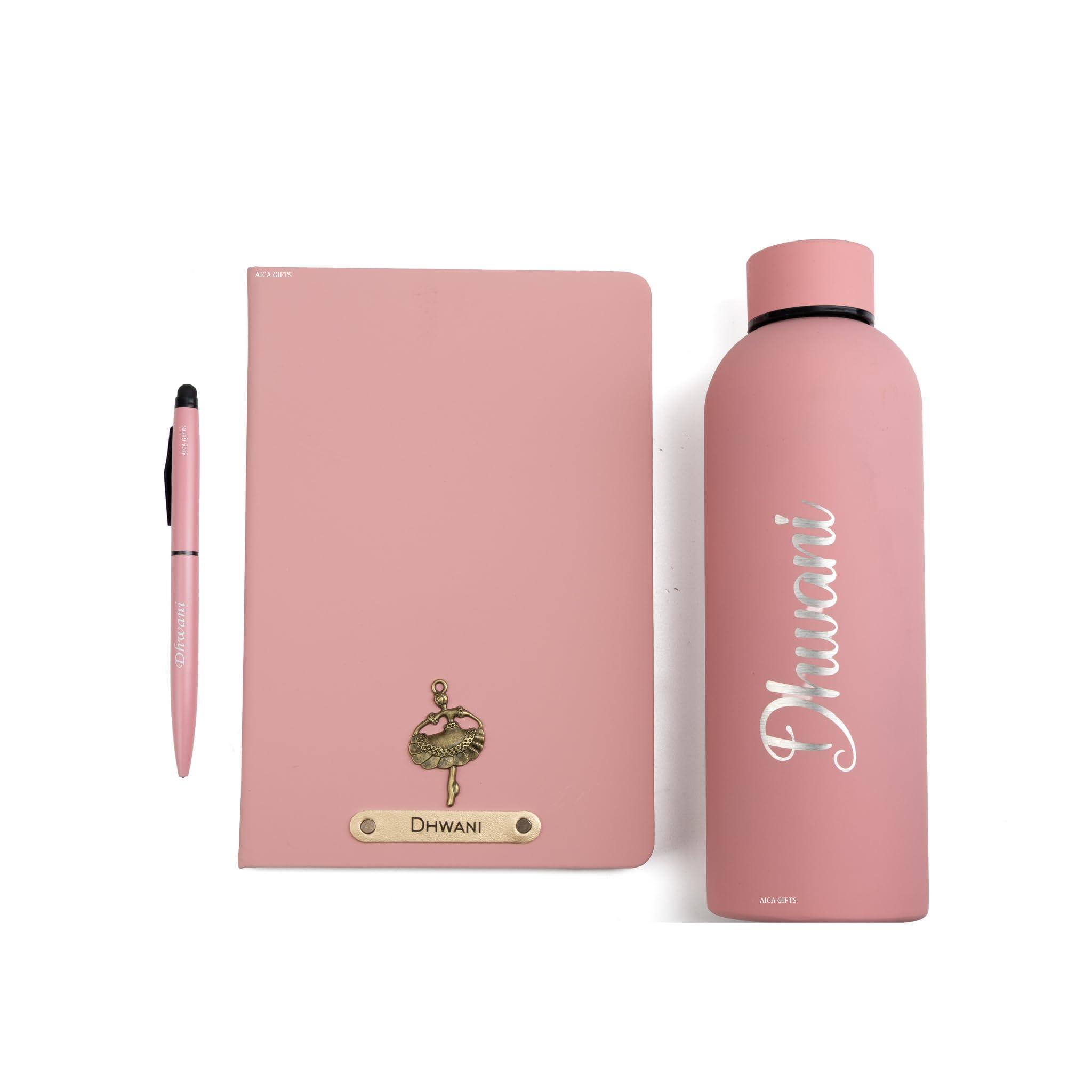 AICA Personalized Name & Charm Diary Pen & Bottle 3pcs Combo Gift Set for Women (NudePink) | Customized Corporate Farewell Gifts for Staff | Gifts for Women | Diary for Girls Aesthetic