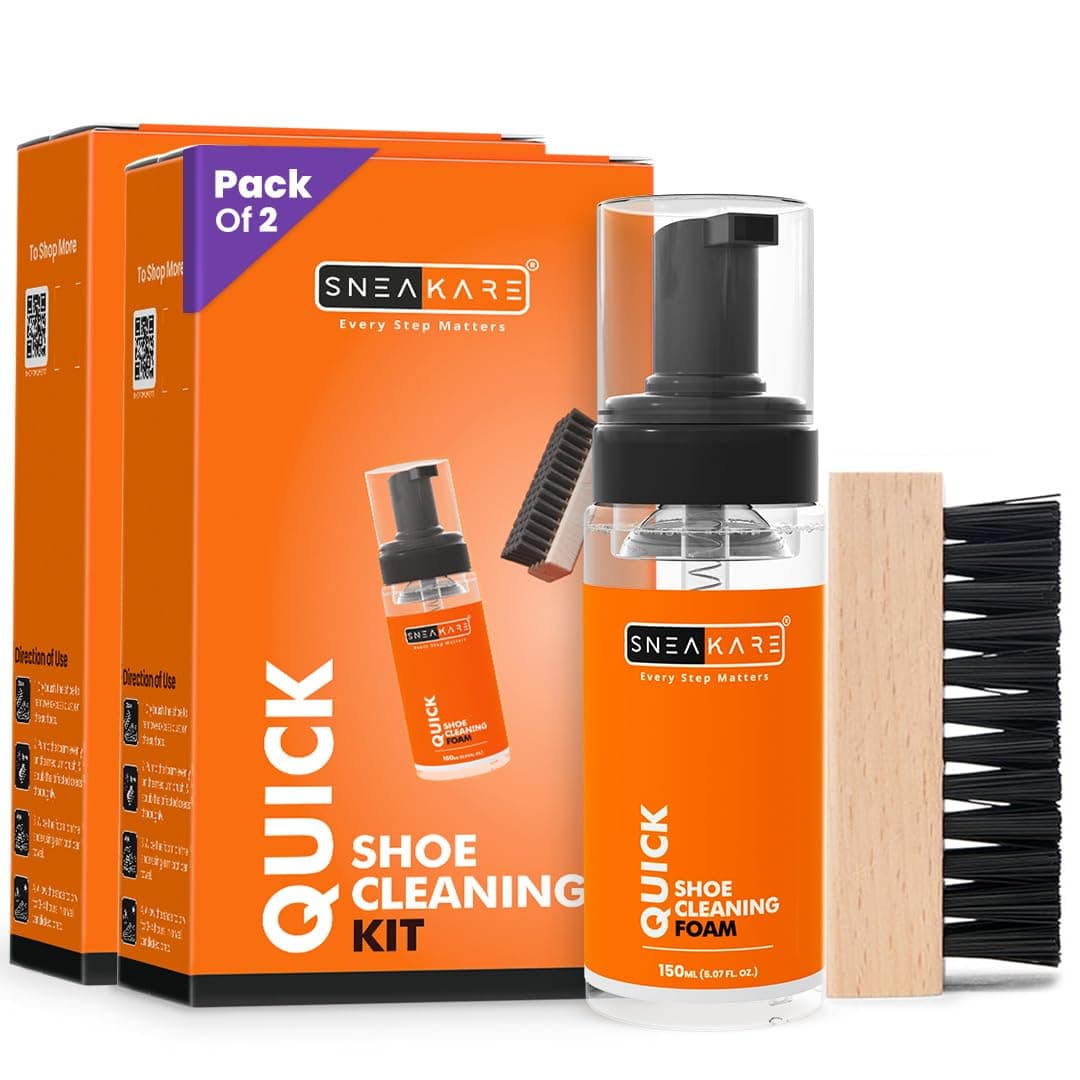 SNEAKARE Quick Shoe Cleaning Kit (Pack of 2) | Contains 2 x 150ml Foam Shoe Cleaner & 2 Medium Shoes Brush | Sneaker Cleaning Kit | Suitable for Sneakers, Nubuck, Leather, Suede & Sport Shoes
