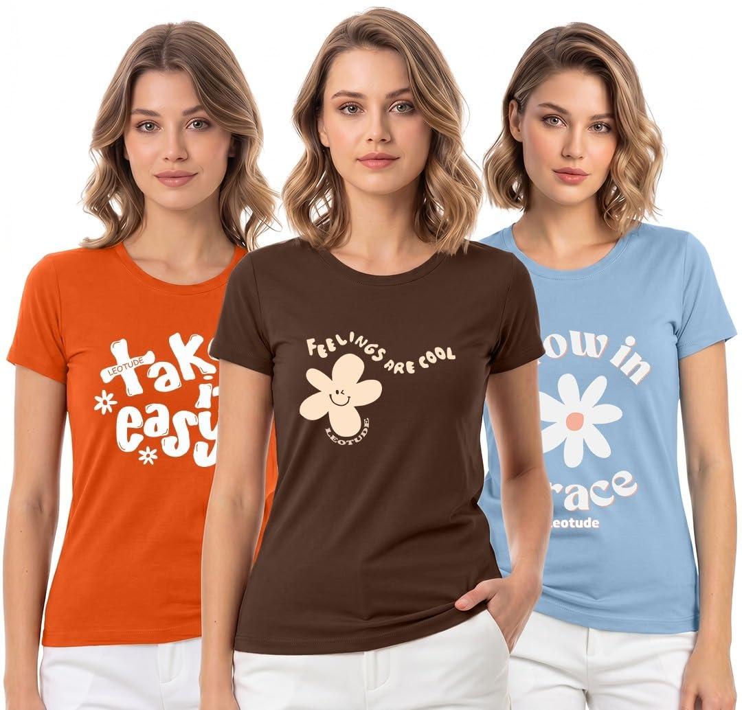 LEOTUDE Women's Regular Fit Tshirts for Women/Girls Combo Pack of 3