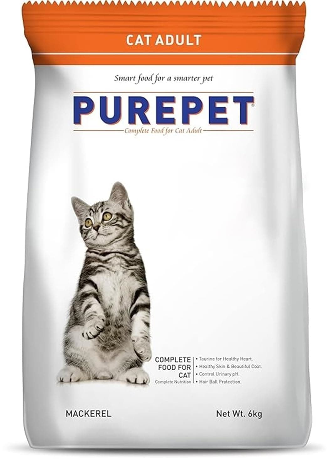 Purepet Adult Dry Cat Food 6kg | Mackerel Flavour | Taurine for Heart Health | Healthy Skin & Coat | Controls Urinary pH | Hairball Protection