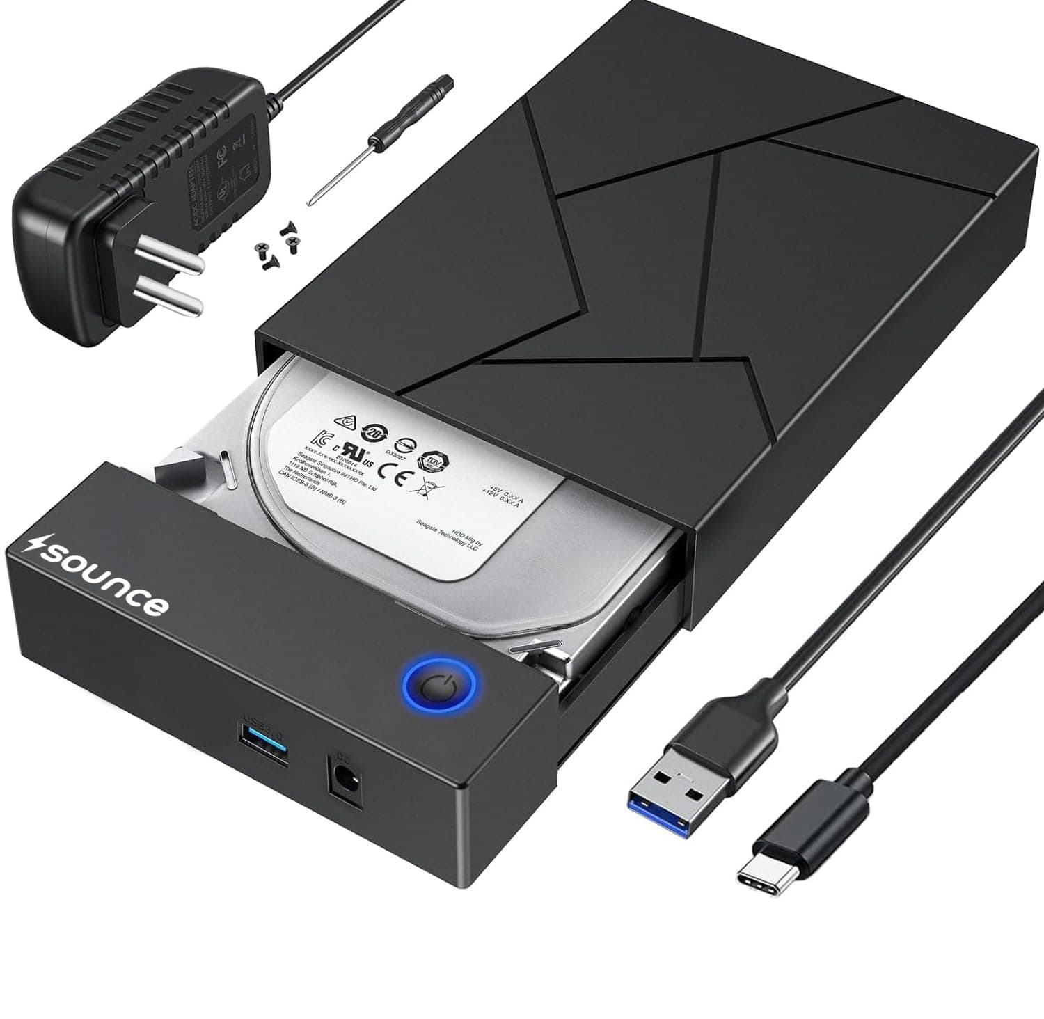 Sounce Type C Hard Drive Enclosure, External Hard Drive Docking Station for 3.5/2.5 Inch SATA Hard Drives/SSD with 16 TB+, Tool-Free HDD Enclosure 12V/2A Power Supply UASP (Black)