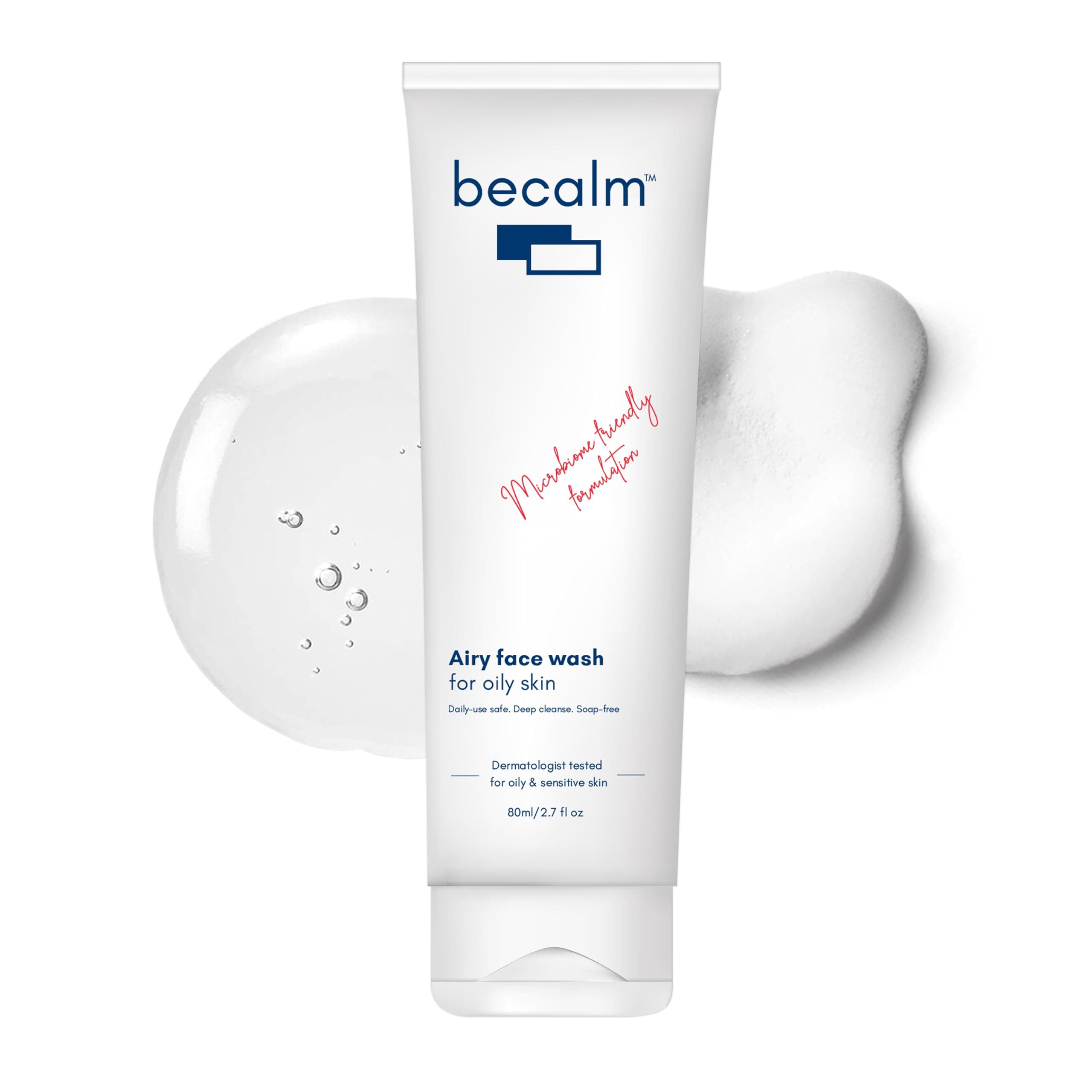 Becalm Daily Salicylic Acid Face Wash for Oily and Acne Prone Skin | Airy face wash for Men & Women | Soap & Sulphate free | Oil, Acne, Dullness, Pore control | Microbiome friendly | With Quaternium - 73 & Prebiotic | No fragrance