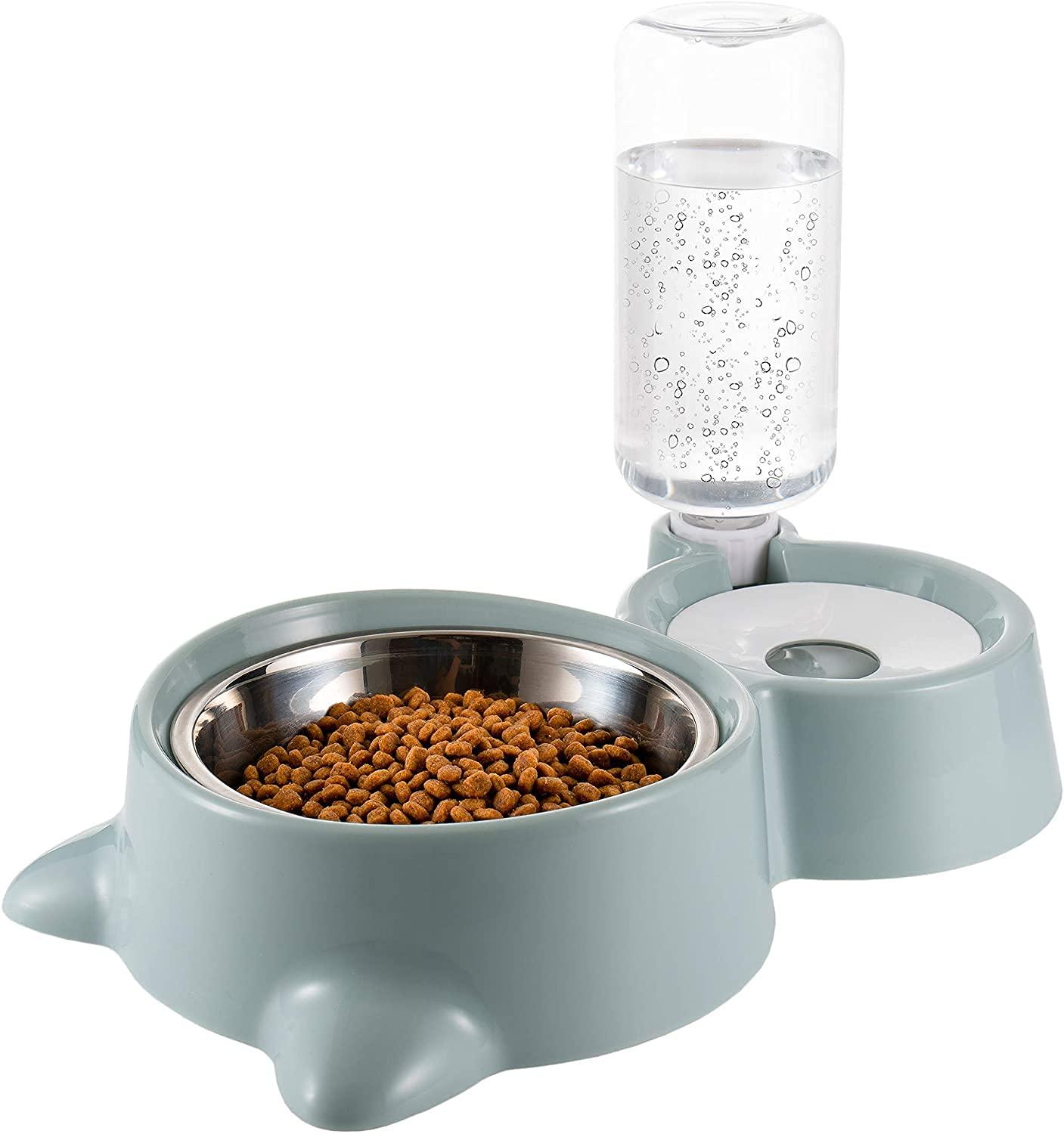 CREDLY 2 in 1 Bowl Water and Food Cat Feeder with Detachable Stainless Steel Bowl and Automatic Water Dispenser Bottle for Small Pets (Set of 1)