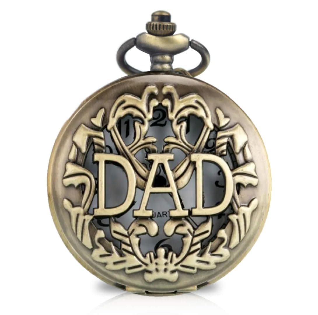 Tiny Tim Vintage Brass DAD Pocket Watch Keychain for Father – Antique Floral Engraved Quartz Timepiece with Cutout Design – Unique Father’s Day Gift, Birthday Gift for Dad, Keepsake Accessory (Trans DAD)