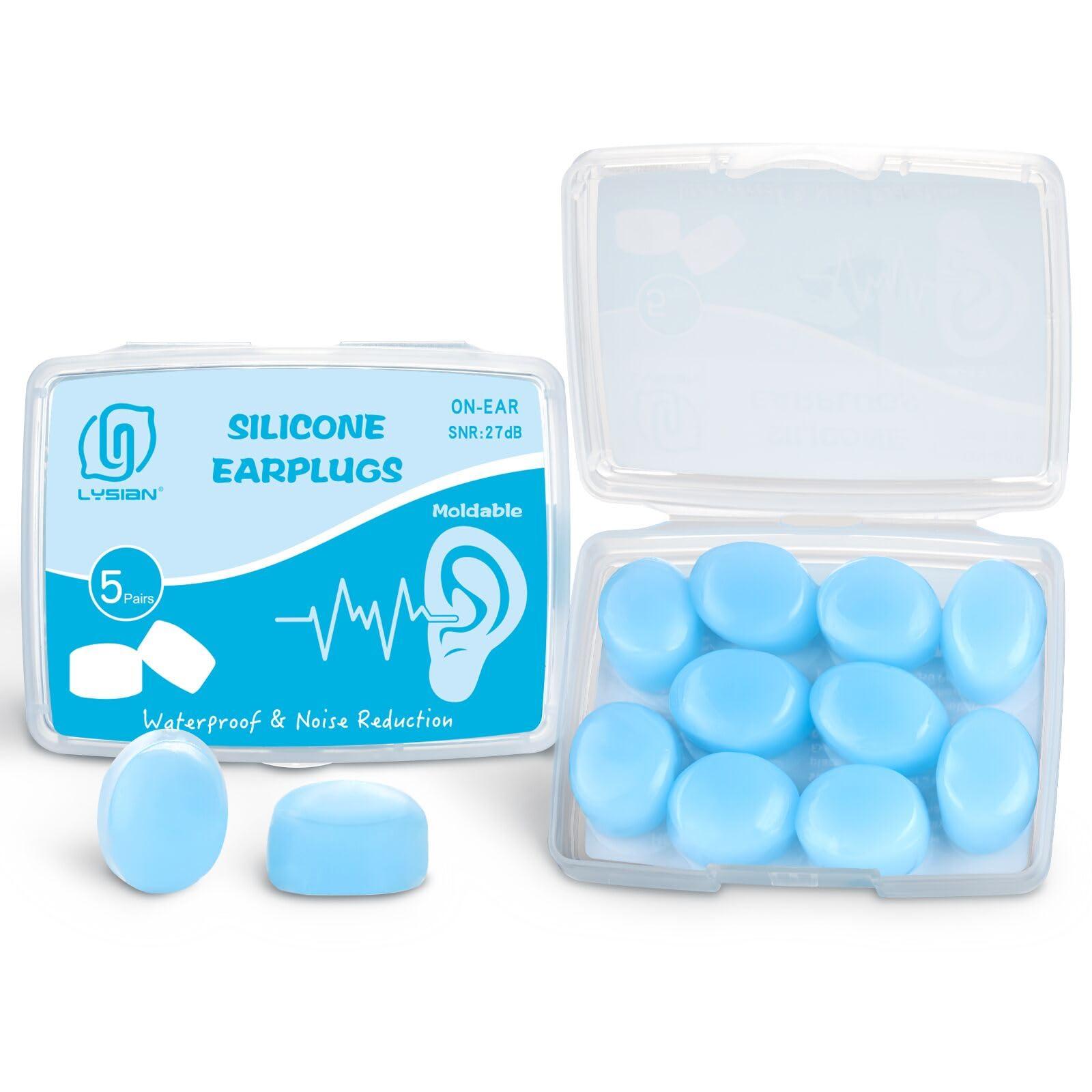 LYSIAN Moldable Silicone Ear Plugs for Sleeping, Snoring & Side Sleepers, Soft Reusable Waterproof Noise Reduction Earplugs for Swimming, Travel & Study, 5 Pairs, Blue
