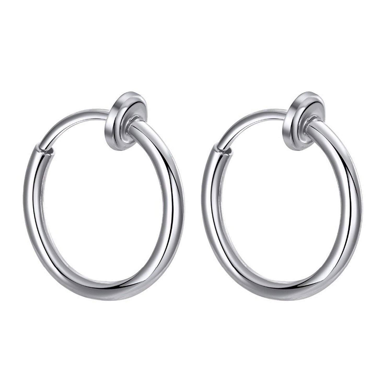 Via Mazzini Non-Pierced 11mm Clip On Hoops Fake Silver Earrings/Lip Nose Belly Eyebrow Earrings Body Jewellery For Men & Women (1 Pair) (Silver)