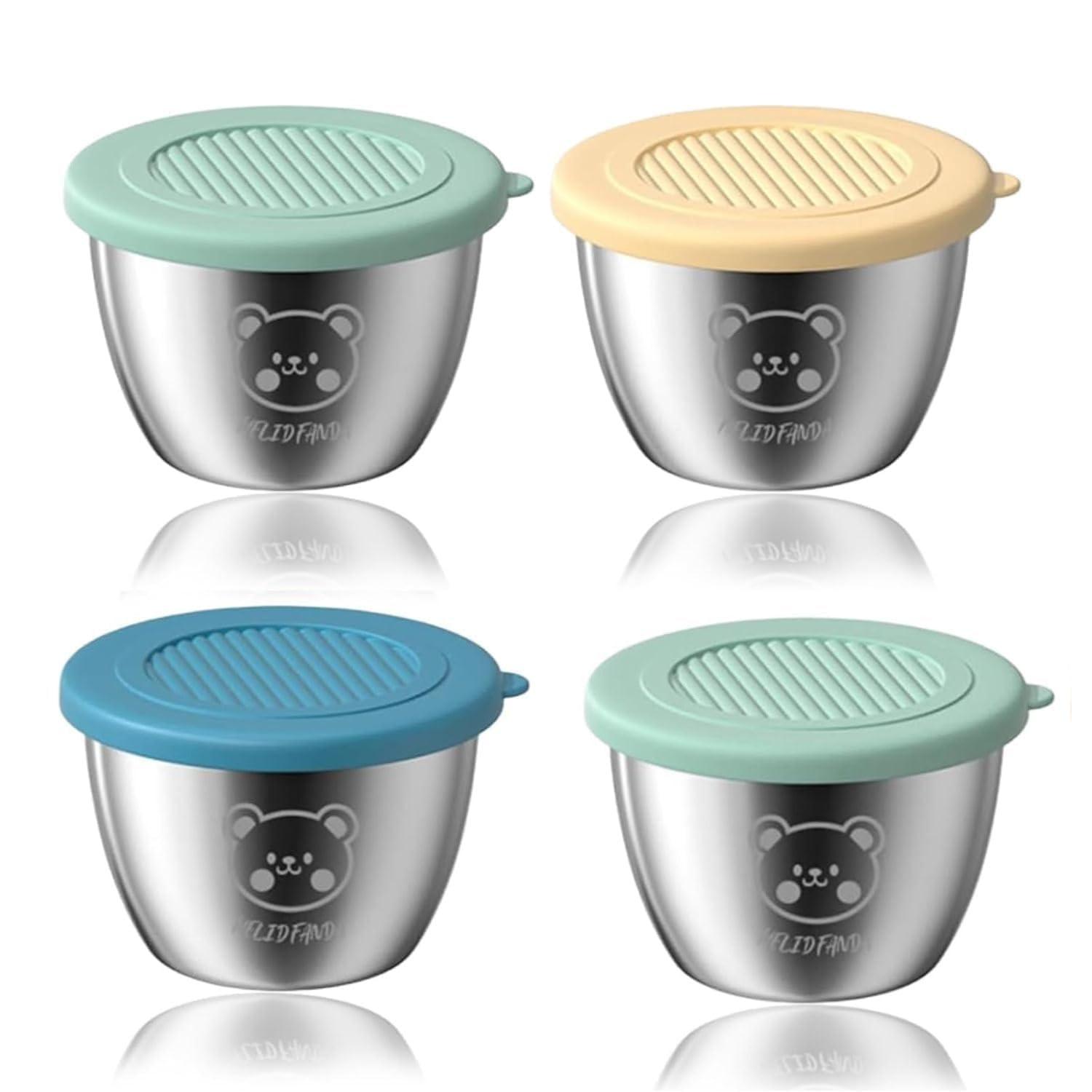 Lovelyduo 4pcs Salad Dressing Container to Go, 70ML Small Reusable Stainless Steel Sauce Cups with Lids | Portable Lunch Bento Box, Picnic & Travel Sauce Containers (Multicolor)