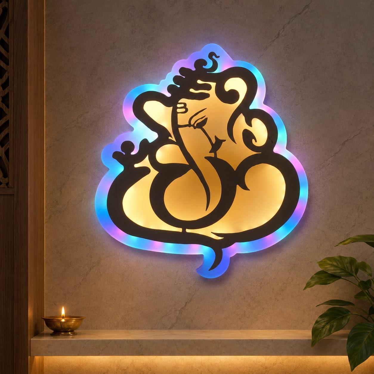 lightsloom Ganesha LED Colour Changing Wall Light, Ganpati Lamp for Pooja Room, Mandir, Home Entrance, Living Room & Religious Decor Light (Ganpati, WW+RGB)