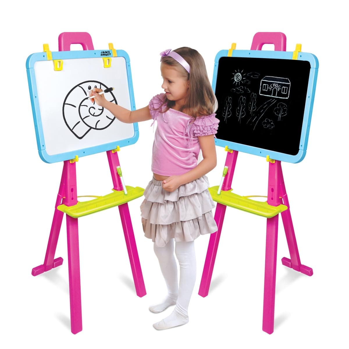Amazon Brand - Jam & Honey 5-in-1 Kids Easel Board 4+ Years, Double-Sided Magnetic Whiteboard & Chalkboard, Alphabets & Numbers Learning Toy, BIS Certified Safe, Cyan Magenta