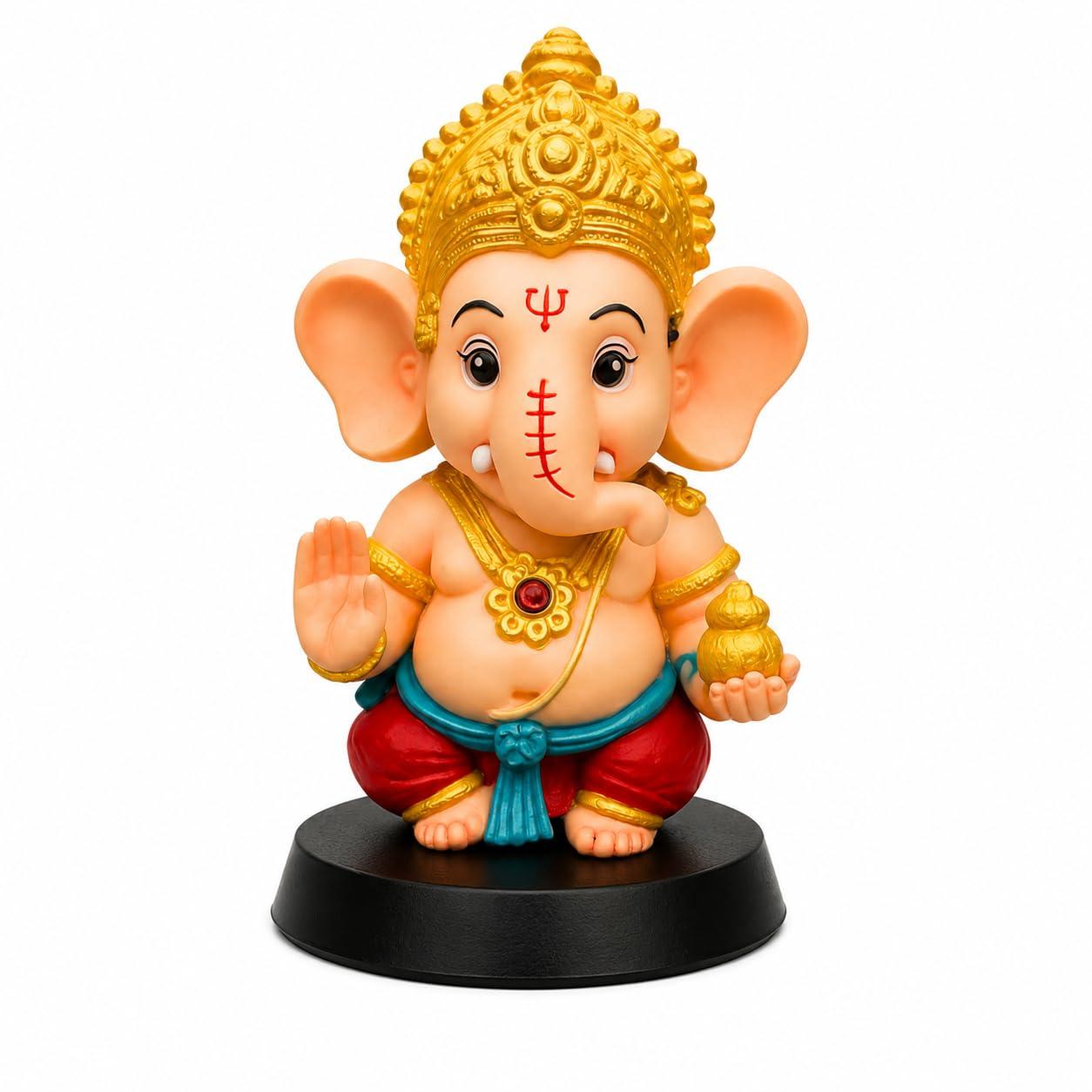 NIKUARA Lord Ganesha God Idol for Car Dashboard, 10cm Height, Red-Orange