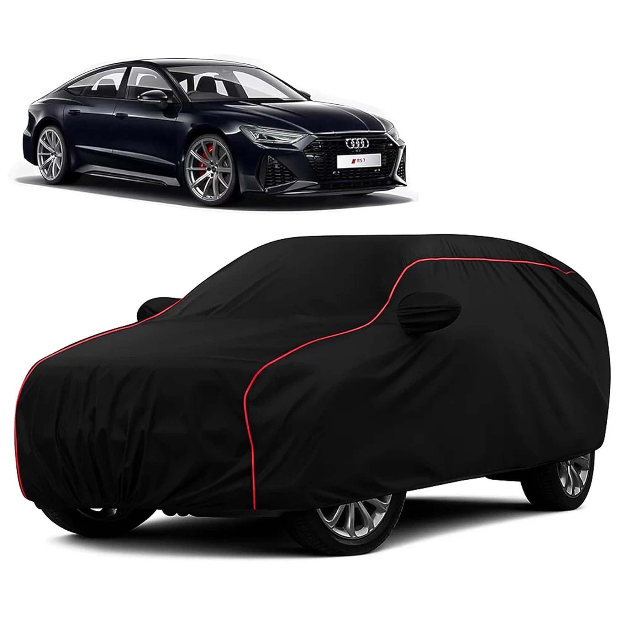Sulfar 100% Water Resistant Car Body Cover Compatible with Mirror for Audi RS7 (Triple Stitched, Full Bottom Elastic, Black with Red Piping)