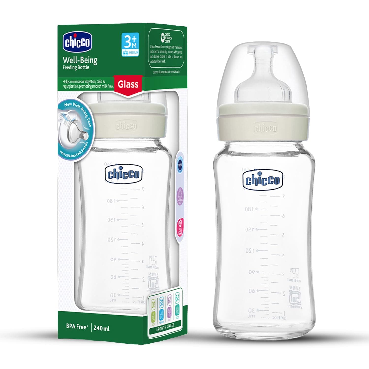 Chicco Wellbeing Glass Feeding Bottles 240ml (Neutral) I Premium Borosilicate I Proven Anti-Colic System I 100% Silicone I Food Grade I BPA Free I Medium Flow | 3+ Months