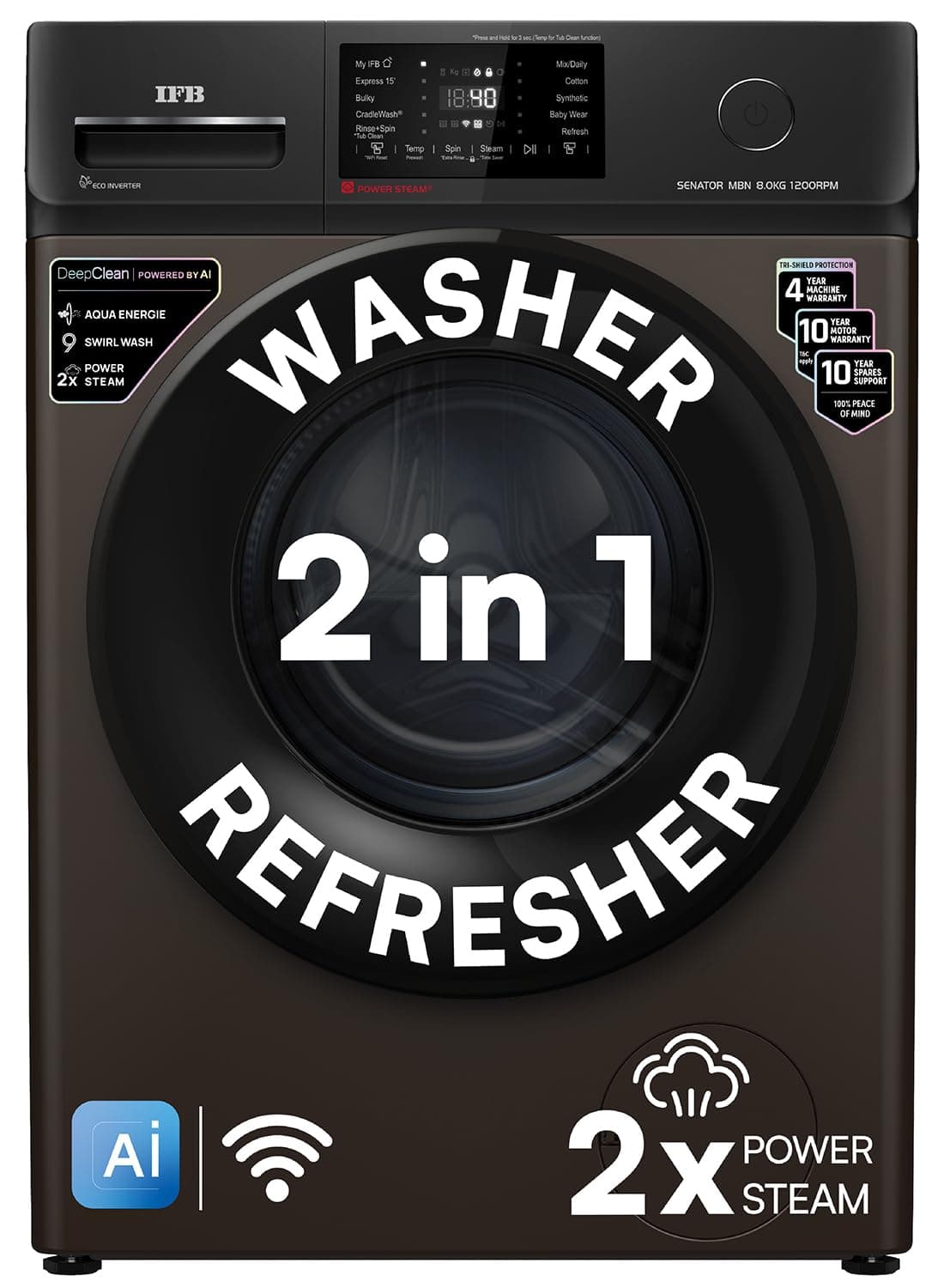 IFB 8 Kg 5 Star, DeepClean® Technology, AI Powered, WiFi, Fully Automatic Front Load Washing Machine (SENATOR MBN 8012 CMS, PowerSteam®, 9 Swirl, Steam Refresh, Inbuilt Heater, Eco Inverter, Mocha)