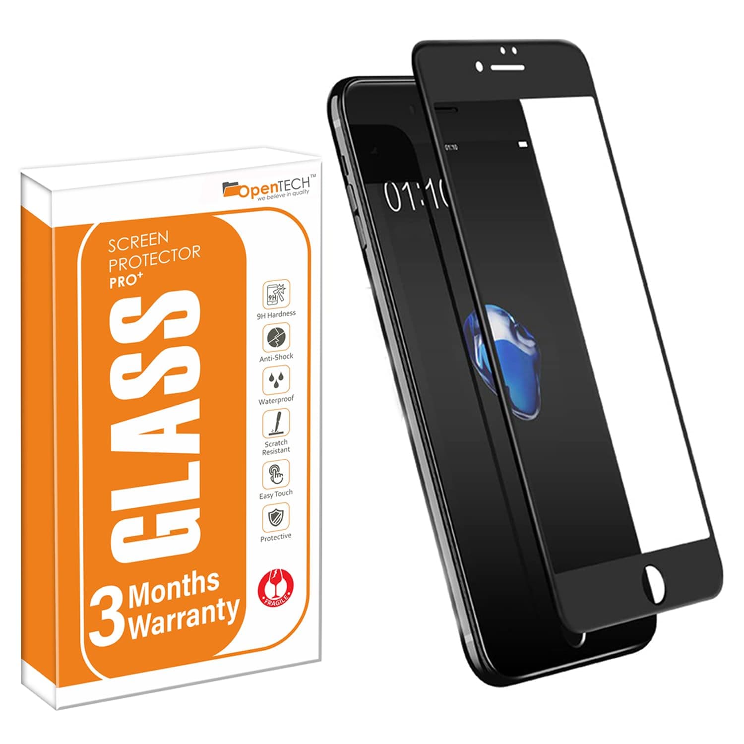OpenTech® Military-Grade Tempered Glass Screen Protector Compatible for iPhone 6 / 6s Edge to Edge Coverage with Easy Installation kit (BLACK COLOR)
