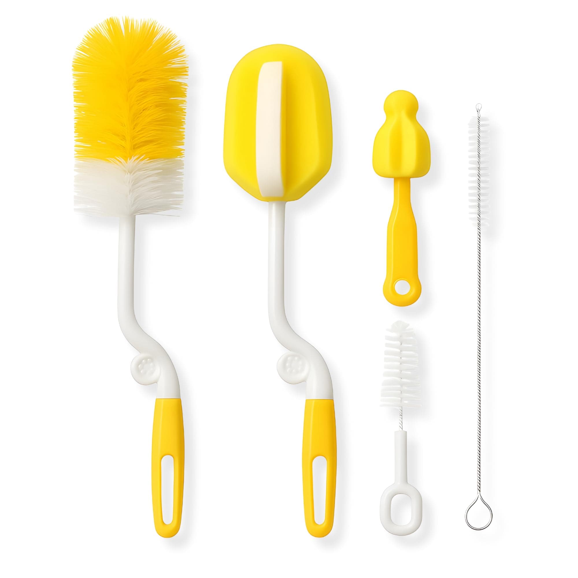 AWEJOY 5-in-1 Baby Bottle Cleaning Brush Set | Includes Nipple, Straw & Sponge Brushes | Safe Nylon Bristles for Feeding Bottles & Nipples (Yellow)