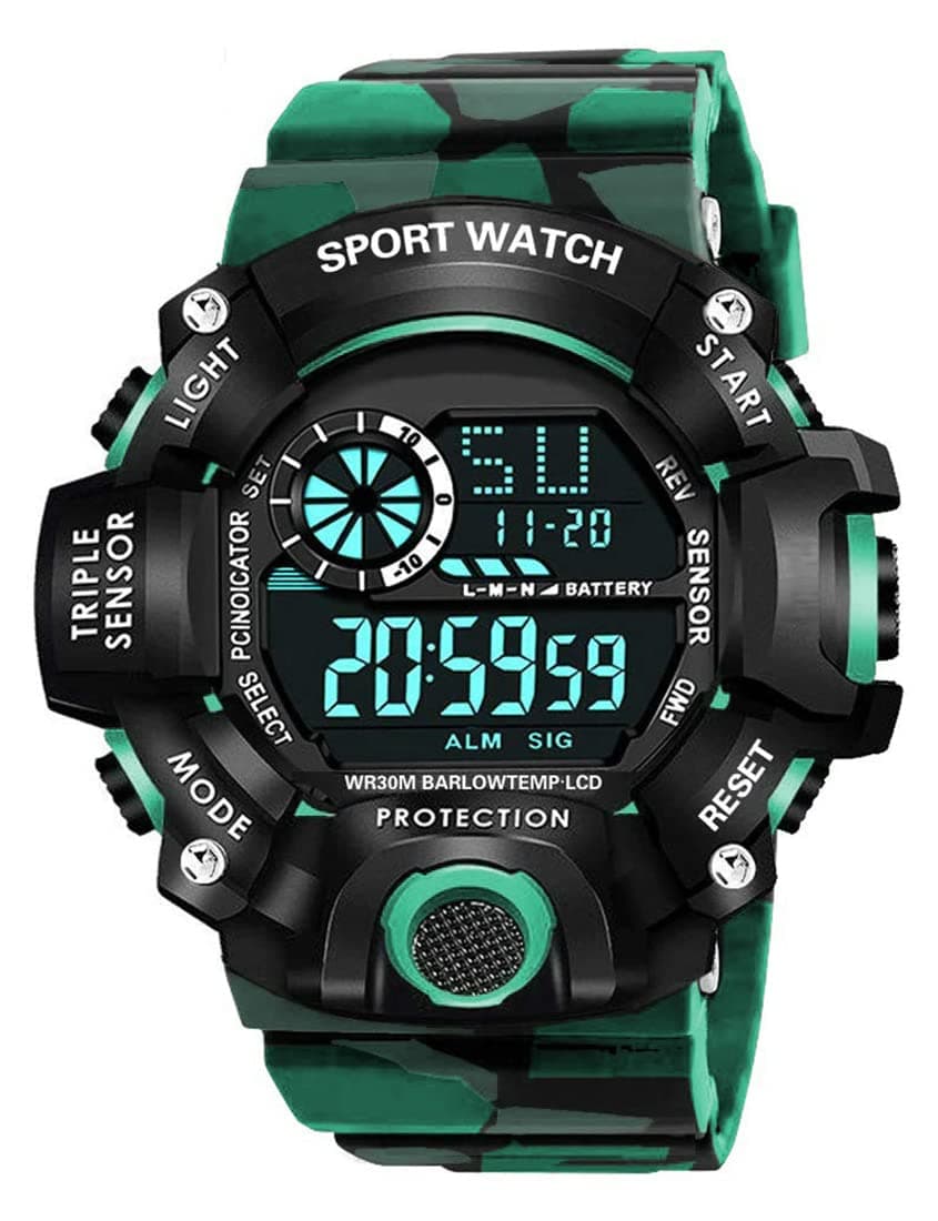 Acnos Polyurethane Premium Brand - A Digital Watch Shockproof Multi-Functional Automatic Green Color Army Strap Waterproof Digital Sports Watch For Men Kids, Boys, Pack Of 1,Black Dial,Green Band