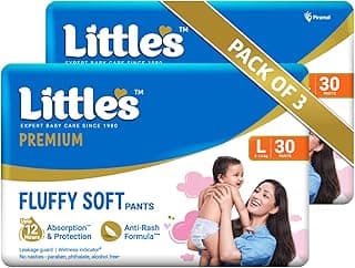 Little's Premium Baby Diapers L Size (Large) Pants Style | 9-14 kg | 60 Count | FluffySoft Baby Diaper with Leakage Guard, Wetness Indicator & 12 Hours Absorption | (30 Count, Pack of 2)