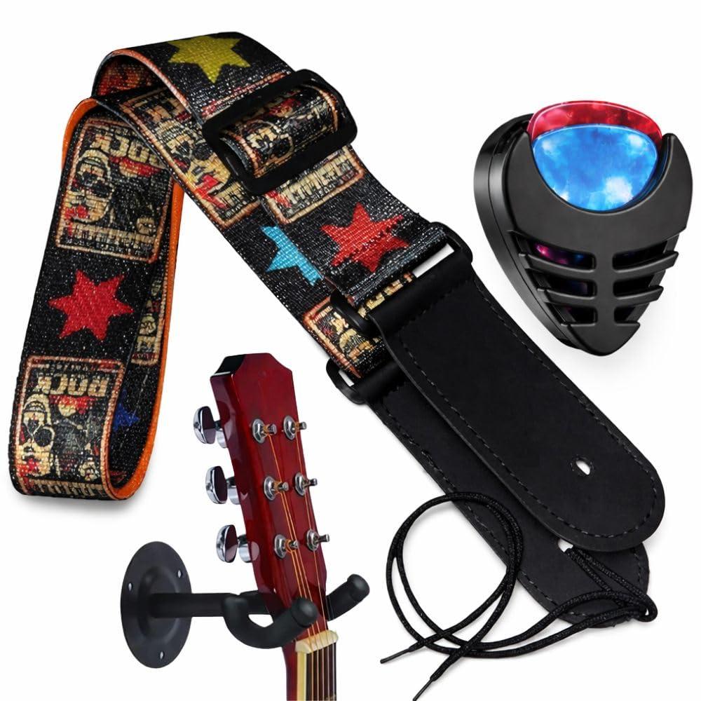 MOCKING BIRD Guitar Belt with guitar wall mount hanger Adjustable Buckle Guitar strap for acoustic Guitar Electric Guitar bass Guitar Hanger with Colourful Plectrum 2 picks and Holder (Rock, 4)