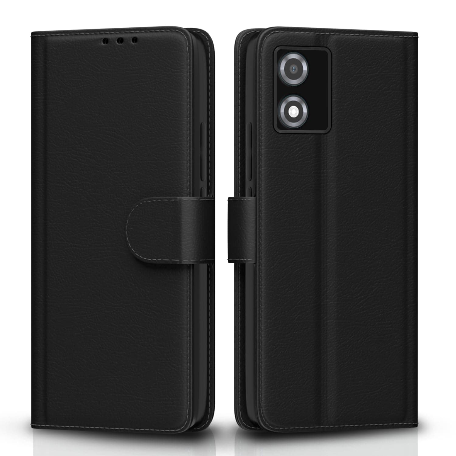 Pikkme Motorola Moto E13 Flip Cover Leather Finish | Inside TPU with Card Pockets | Wallet Stand and Shock Proof | Complete Protection Flip Case (Black)