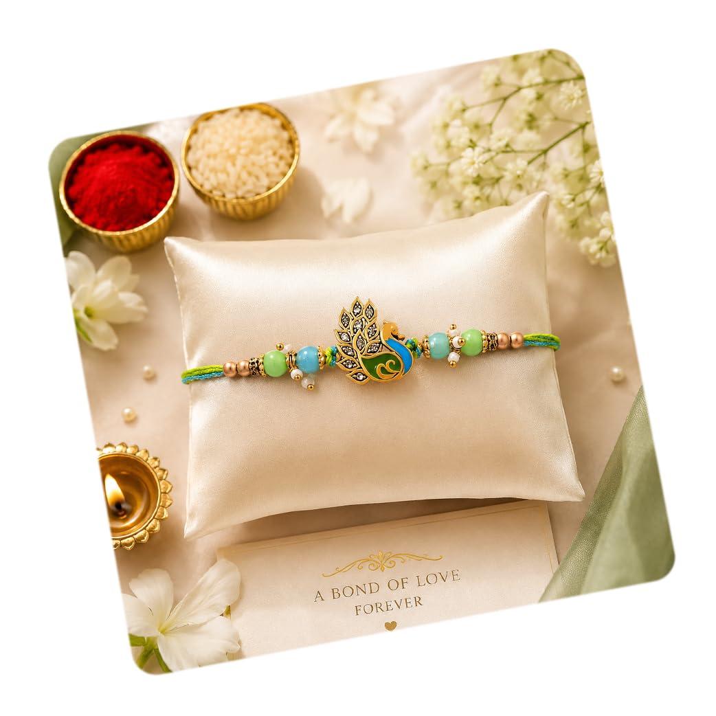 CraftVatika Peacock Rakhi Set for Brother Boy Men, Premium Rakhi for Brother Man, Designer Rakhis for Rakshabandhan, Thread Rakshasutra for Best Wishes Card and Tillak Set, Festival Thread Raki